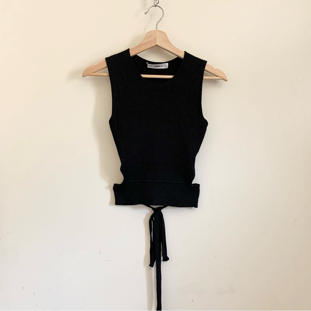Zara Black Knit Ribbed Sleeveless Tie Waist Top Small